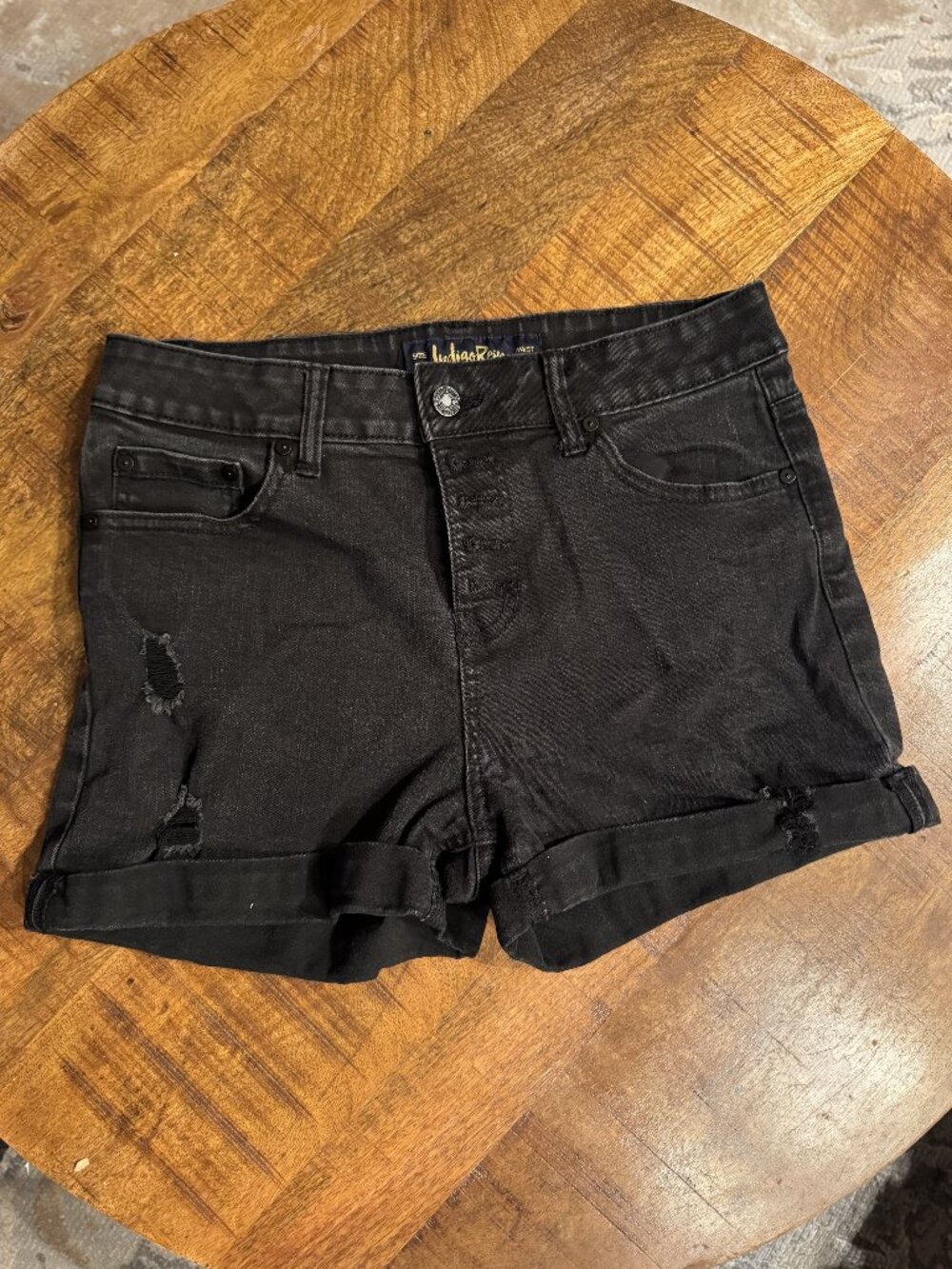 Indigo Rein Distressed Black Denim Cuffed Shorts, Size 11